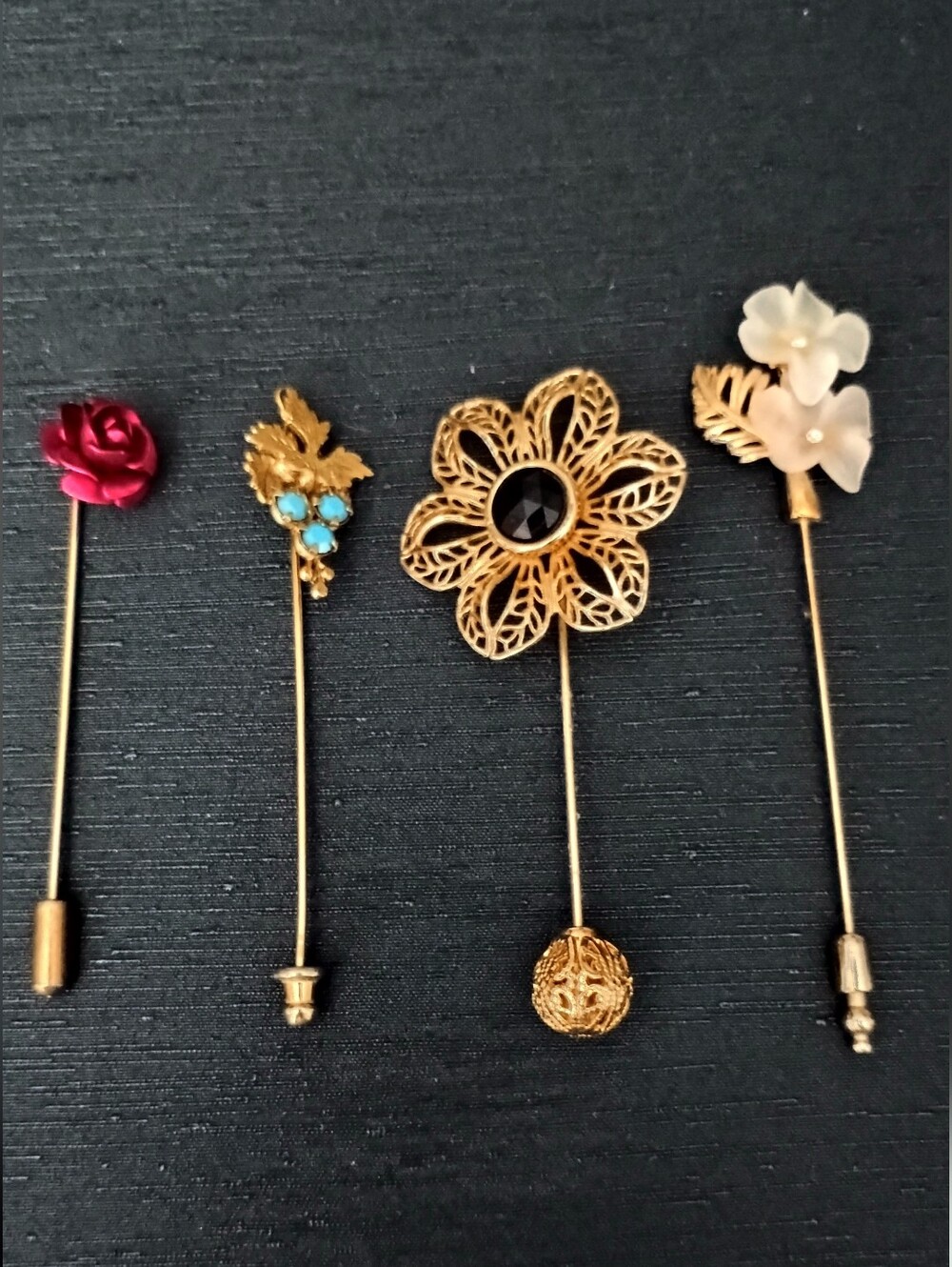 Gold Filigree Flower Stick Pin with Black Gem - Women's Jewelry